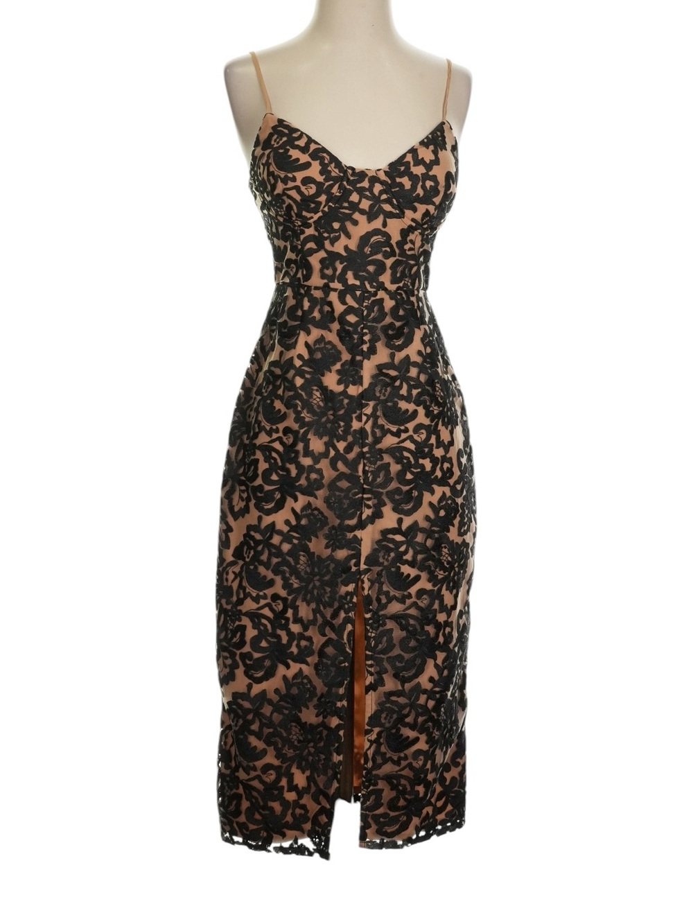 Lovers + Friends Farley Midi Dress Black Tan Lace Nude XS Sleeveless Party NWT